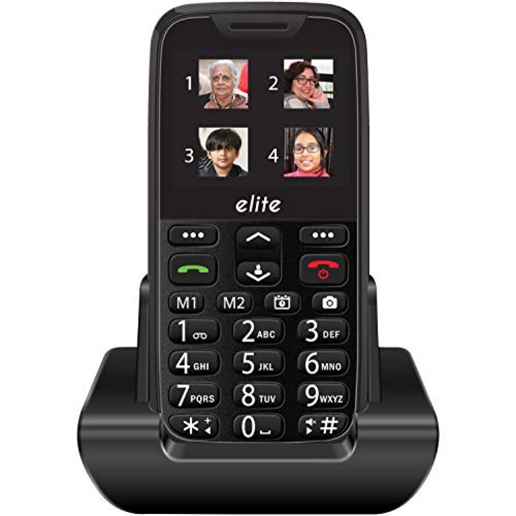 SeniorWorld Easyfone Elite with Sound Amplification – 2.3″ phone with 20+ senior citizen friendly features like Loud sound, sound booster, Dock charger, Photo speed dial, SOS button, Auto call back, App based Remote phone configuration etc. – Black